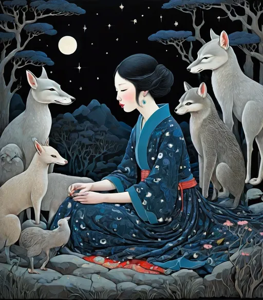 Prompt: She is a night girl with night animals style of Genevieve Godbout, Robert Gillmor, Amy Giacomelli, Wu Guanzhong. Extremely detailed, intricate, beautiful, 3d, high definition 