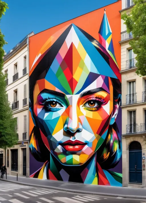 Prompt: Okuda San Miguel: A vibrant street art mural in Paris, reimagined in a constructivist glitch art style. The Montmartre district serves as the canvas, where geometric patterns and multicolored themes of existentialism blend with iconic Parisian elements, all disrupted by digital abstractions, 3d,  imax quality visuals, ilm, weta digital, 32k uhd 