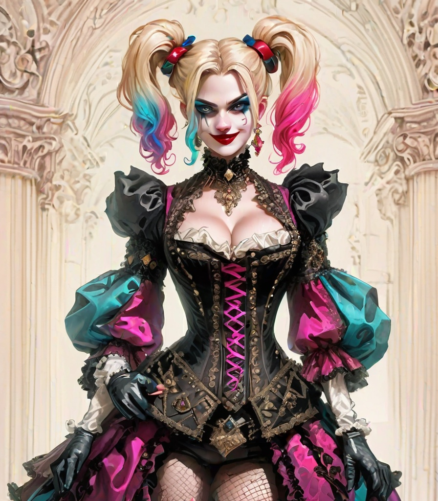 Prompt: harley quinn fancy ornated on neon victorian age, medieval grunge, victorianpunk, fashion design sketch, met gala event, royal gala, rococo, baroque, hyper realistic, insanely detailed and intricate, hyper maximalist, elegant, super detailed, dynamic pose 