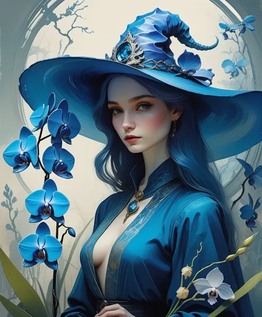 Prompt: A very pretty dreamy orchid witch is so blue, dragons are eating her flowers, style by Bob Peak, Charles Conder, John Reuss, Justin Gaffrey, John Lowrie Morrison, Patty Maher, van Gogh, Valerie Hegarty, 3d, highest definition, rich colours.  
 Watercolor, trending on artstation, sharp focus, 