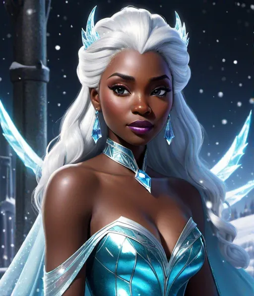 Prompt: bifrost In the style of Chris Cooper (Coop) animation and Hajime Sorayama::1 let it go, bifrost, let it go, gorgeous dark skinned african american dark skin, dark skin super-villain, dark gothic evil Disney Princess Elsa (Ed Benes Studio), bad-girl Elsa singing on the frozen bifrost bridge, symmetrical portrait, comic book art, very elegant, fantasy character art