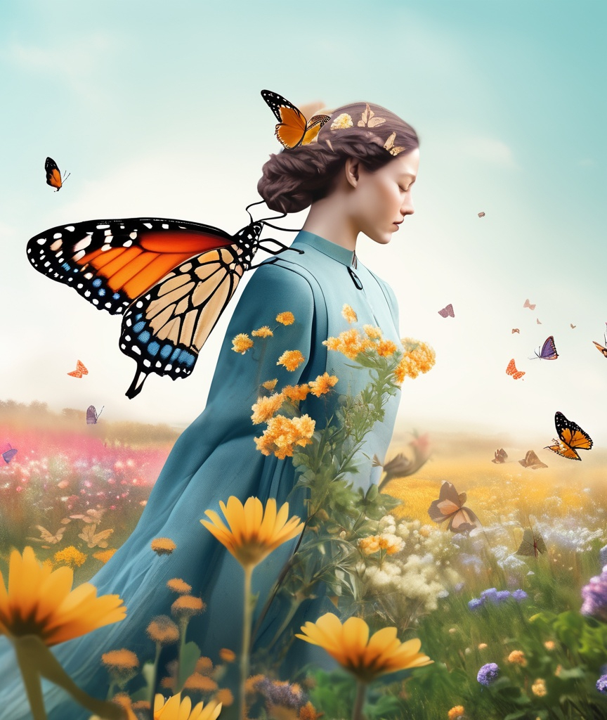 Prompt: a realistic picture of a buterfly with a human head and human atributes flying in a flower field