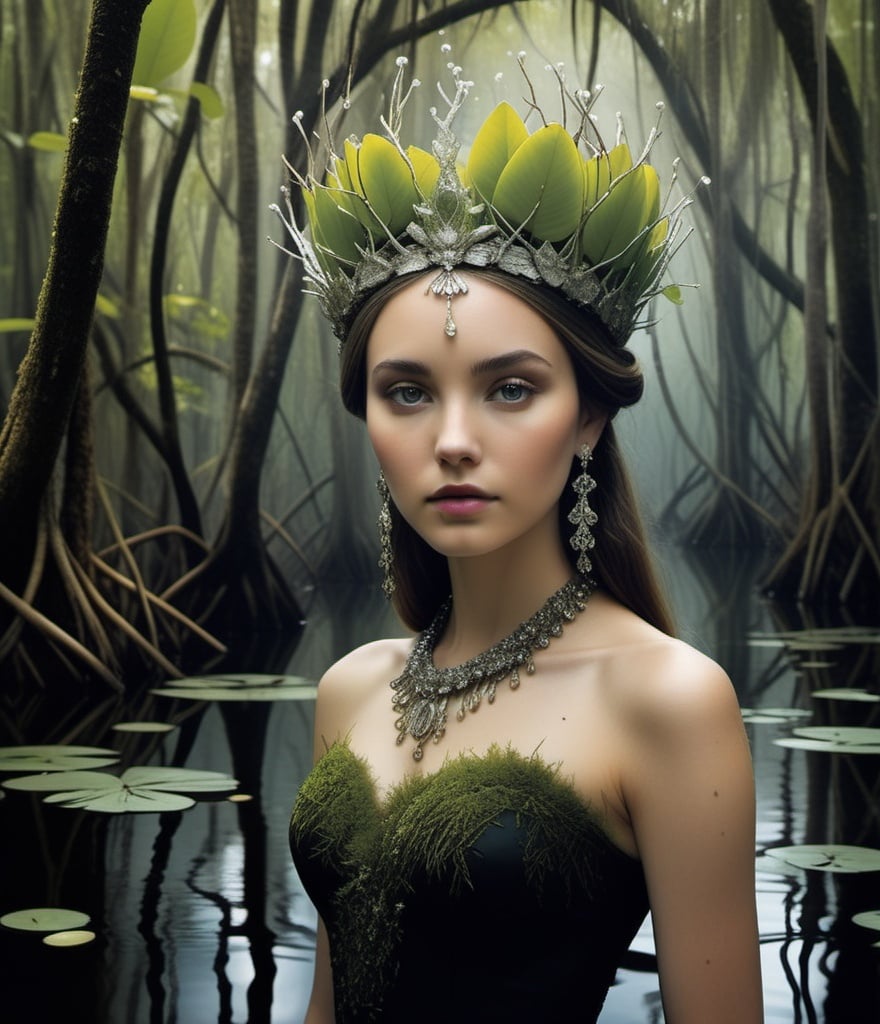 Prompt: a swamp princess with mangrove crown art by Jacob Aue Sobol, Laurie Simmons, Rebecca Louise Law, Caras Ionut, Yoann Lossel, Dan Hillier, Peter Lippmann, Abigail Larson