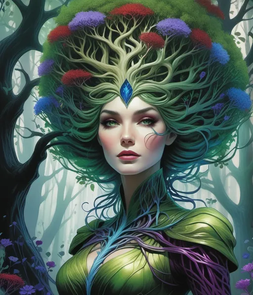 Prompt: anthropomorphic green tree lady, colorful roots grow like veins all over her body with blue and purple flowers, wild red branches grow from her head like a hair, grey eyes concept art by Alex Ross, Ida Rentoul Outhwaite, Alex Pardee, tom bagshaw, Melanie delon, Millie Marotta, Jackie Morris, Javier Mariscal, Jane Newland, closeup, whimsical forest background , magical night, surreal dreamlike portrait, fantasy, imaginative, beautiful, colorful, extremely detailed, intricate, lovely, award winning fantastic