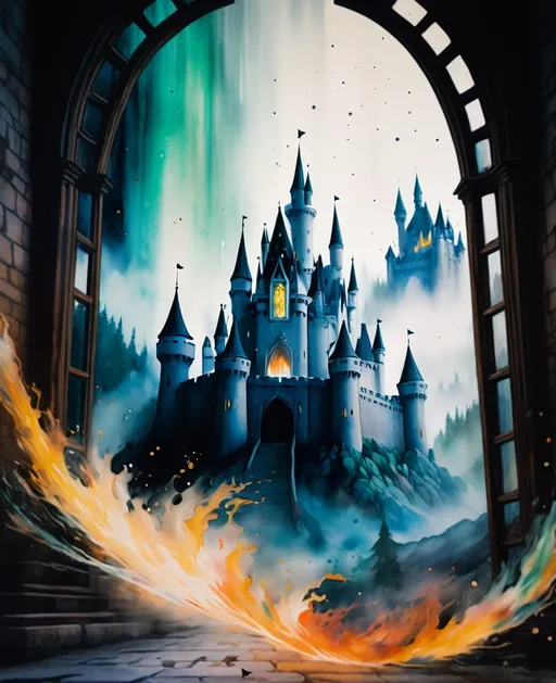 Prompt: Ghosts of the past moving through spatial dimensions, Time-Lapse Motion Blur, The Rise and Fall of a Kingdom, watercolor painting, Experimental Film Techniques, echoes of ghosts in a large empty castle  