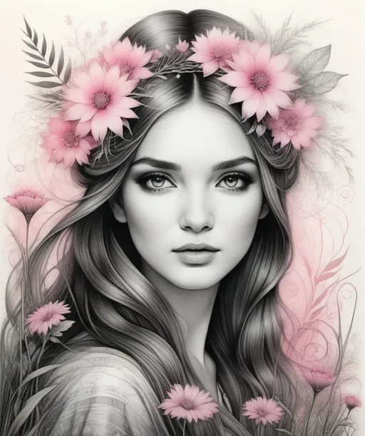 Prompt: Etching lines a woman with a veil and flowers in her hair is surrounded by tall flowers and grass, with craquelure background, Anna Dittmann, fantasy art, a detailed drawing decoupage, black, pink and white gradient coloring, a detailed drawing