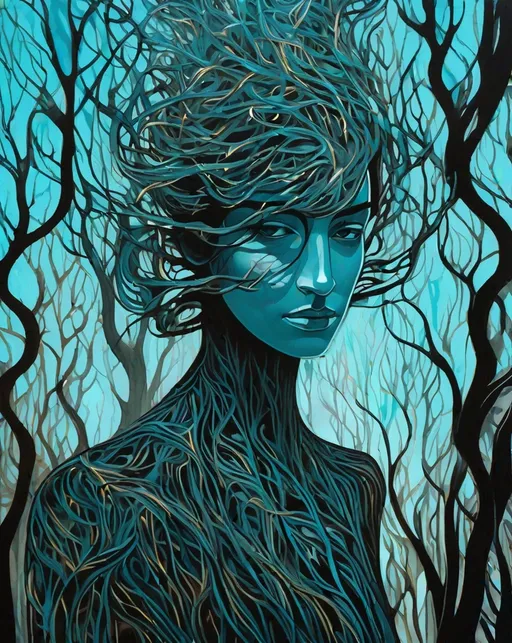 Prompt: will-o'-the-wisp: A surreal portrait of a woman with a face made of vines, standing in a carboniferous forest of twisted trees, rendered in a crisp neo-pop style with a color palette of light cyan and dark amber. The graphic illustration captures the otherworldly quality of the scene, while the burnt and charred textures add an element of mystery and intrigue. 