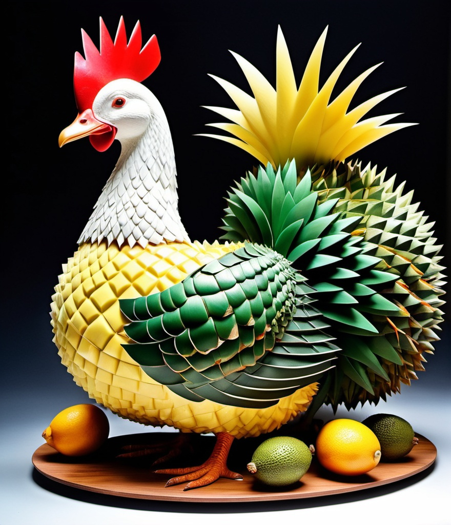 Prompt: A surreal depiction of a 'Durian Turducken'. Imagine a large, stylized turkey with a surrealistic twist in a dreamlike landscape. As the turkey is sliced open, it reveals layers of a duck and then a chicken, each progressively smaller. Within the innermost layer, the chicken, there's an unexpected core: a durian with its spiky exterior and creamy interior. This bizarre combination creates a striking contrast between the poultry and the exotic fruit. The background is whimsical and dreamlike, enhancing the surreal and imaginative nature of the concept. --no depth of field