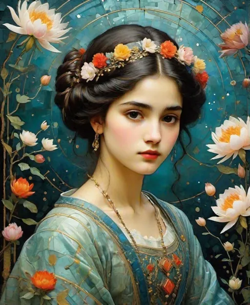Prompt: Use style of Harry Siddons Mowbray, Graciela Rodo Boulanger, Jessica Roux, Ginette Callaway, Zemer Peled, Joana Vasconcelos, John Twachtman, guache impasto, sandpaper texture: The beautiful girl, caught betwixt fleeting dreams and waking fears, blossoming petals, yet to unfurl, amidst the symphony of life's bittersweet tears, in her eyes, the constellations collide, echoes of innocence, tinged with the ache of time, her heart a garden, both wild and tame, with each whispered breath, a symphony unfolds, in the growing pains that make her whole.
