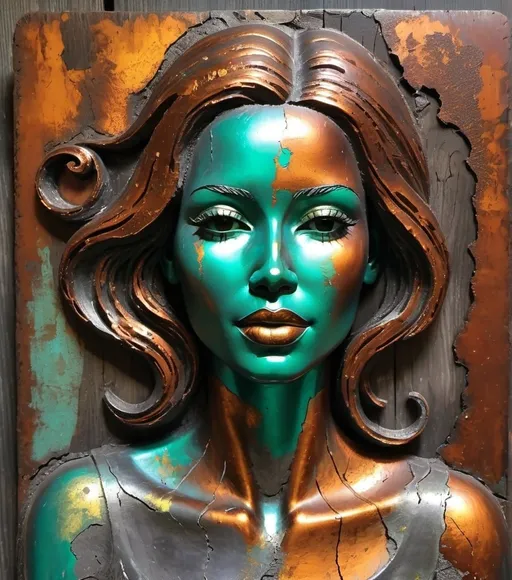 Prompt: a highly detailed abstract woman in rusted silver patina metal with beautiful vibrant colors, the background is dark and there's a small green glow on top of it, there are some cracks in the wood that have been filled with acrylic paint, the bottom half has golden streaks of light shining through from behind