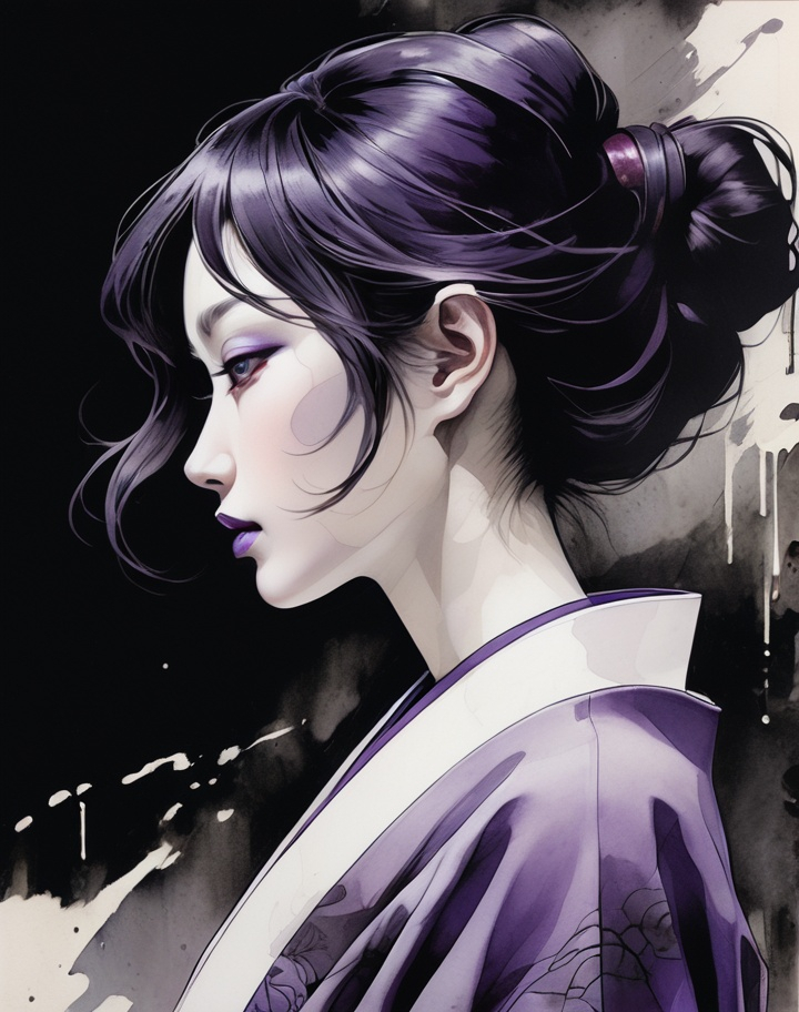 Prompt: profile of a beautiful Japanese woman in the style of sumi-e, sumi-e tapes Quanta in the style of precisionist lines, dystopian realism, trompe - l'œil illusionistic detail, detailed renderings, dark white and dark purple, ghostcore, comic art, dystopian realism, illusionistic detail, dark white and dark purple, ghostcore, comic art, Japanese imagery 