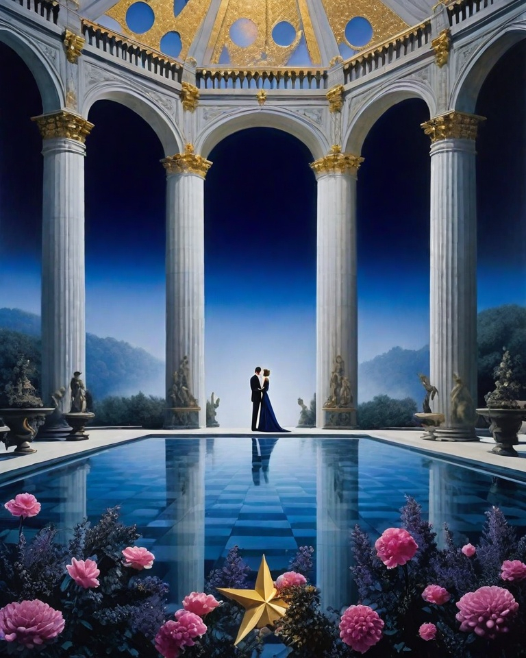 Prompt:  romeo and juliet epic romance , a dreamscape setting, gold gilded details, indigo rose the lavender haze foggy shimmering, photography by annie leibovitz, Ori Gherst, Animorphia - Kerby Rosanes, James christensen , 16K HD, sharp focus, attention to details A surreal romance depicted in oil on canvas by slim aarons , bruce weber , lempicka. constructivist glitch art fashion editorial Helmut newton, SLim aarons, paris shimmering, masterpiece human bodies intertwined in a brutalist asterism space temple , in style of slim aarons, h.r. giger, escher