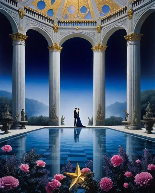 Prompt:  romeo and juliet epic romance , a dreamscape setting, gold gilded details, indigo rose the lavender haze foggy shimmering, photography by annie leibovitz, Ori Gherst, Animorphia - Kerby Rosanes, James christensen , 16K HD, sharp focus, attention to details A surreal romance depicted in oil on canvas by slim aarons , bruce weber , lempicka. constructivist glitch art fashion editorial Helmut newton, SLim aarons, paris shimmering, masterpiece human bodies intertwined in a brutalist asterism space temple , in style of slim aarons, h.r. giger, escher