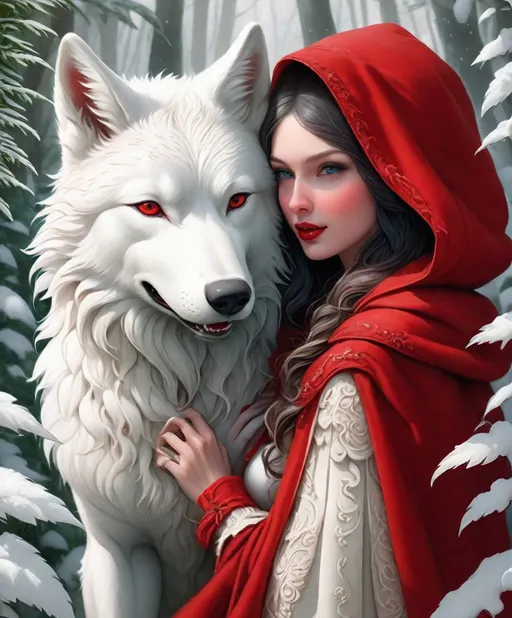 Prompt: The beautiful Red Riding Hood is in love with the anthropomorphic Big white Winter wolf, detailed, fern leaves, Snow, by artgerm, tom bagshaw, Megan duncanson, James Jean, shaun tan, madoka magica, by kay nielsen, embossing fairy tale, whimsical, trending on artstation. Super clear resolution, elegant beautiful, lovely, best quality, beautifully lit, vray tracing