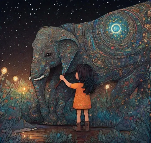 Prompt: The little native American super cute girl holding her star magic wand posing with her cute elephant friend. In style of james r eads and Sam Toft. Naive art, 3d, extremely detailed, intricate cinematic lighting, high definition 