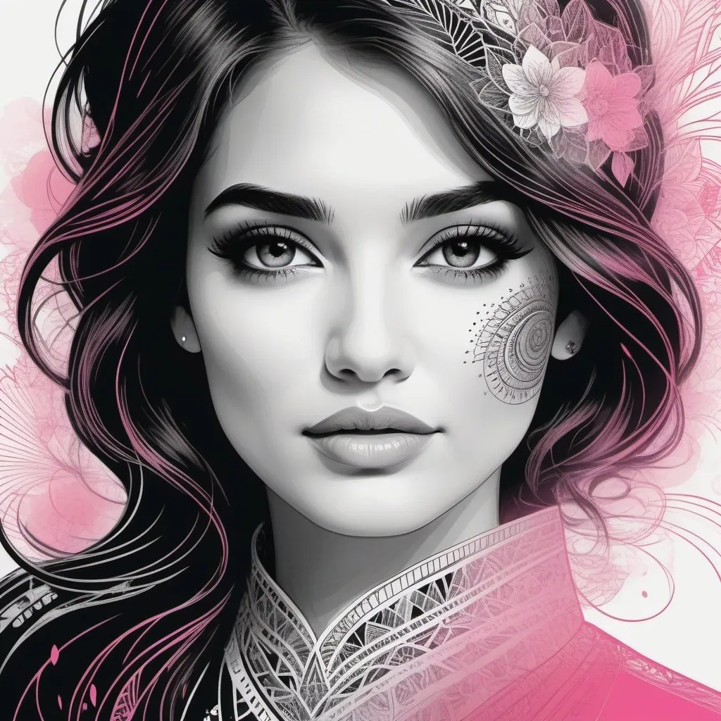 Prompt: A beautiful woman face, closeup, CAD drawing style, Petros Afshar, Lisa Congdon style, modern european ink painting, intricate lines drawings, decoupage, black, pink and white gradient coloring, a detailed drawing