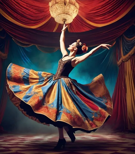 Prompt: a woman dancing at the circus chalcedony pilcrow circus, in the style of miss aniela, tapestry-like, #vfxfriday, surrealistic distortion, book art installations, brian m. viveros, advertisement inspired, HD, digital photography 