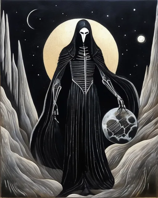 Prompt: a sartorial gothic oil painting of a precambrian black metal harvest moon dancer in the nightt א‎ air 🜁, in the style of surrealism influence, ahmed morsi, precisionism influence, dynamic balance, pictorialism influence, prometheus giger, in the style of trompe-l'œil illusionistic detail, blink-and-you-miss-it detail, wiccan,divine lithograph, gothic dark and macabre, romantic goth, gothic dark and ornate 