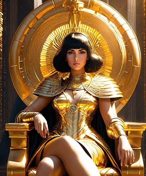 Prompt: She's so heliocentric, like Cleopatra, Joan of Arc, or Aphrodite, sitting on a golden throne 