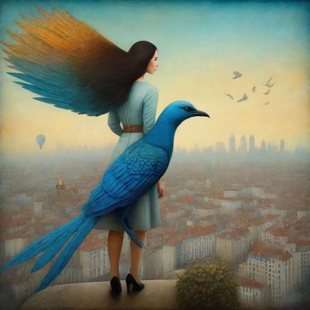 Prompt: In style of christian Schloe and daria Petrilli, a beautiful young lady with a very long and wild  ombre gradient blue hair is flying in a colorful giant bird back over a city skyline. Craquelure, egg tempera effect , Naive art, extremely detailed, optical illusion, oil painting 