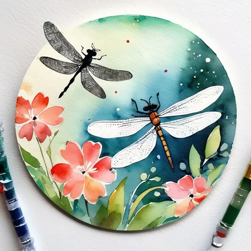Prompt: watercolor painted flowers with a dragonfly, in the style of intricate storytelling, playful yet sophisticated, circular shapes, MM Creates, i can't believe how beautiful this is, bentocore, letterboxing, MegUSN1, the stars art group (xing xing), brushwork exploration 
