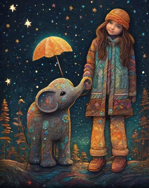 Prompt: The little native American super cute girl holding her star magic wand posing with her cute elephant friend. In style of james r eads and Sam Toft. Naive art, 3d, extremely detailed, intricate cinematic lighting, high definition 
