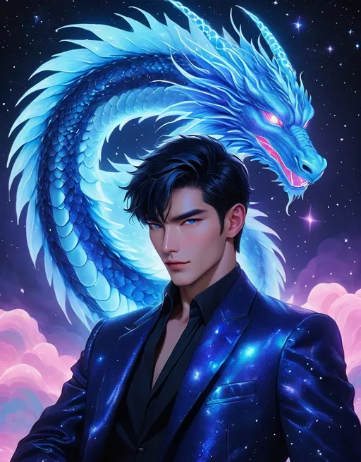 Prompt: mesmerizing man and neon shiny indigo color dragon, by Pierre et Gilles, minimal figures, nightscape, sparklecore, starry skies 