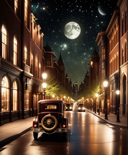 Prompt: heliocentric nighttime, lit streets, steampunk, detailed ultrarealistic photography