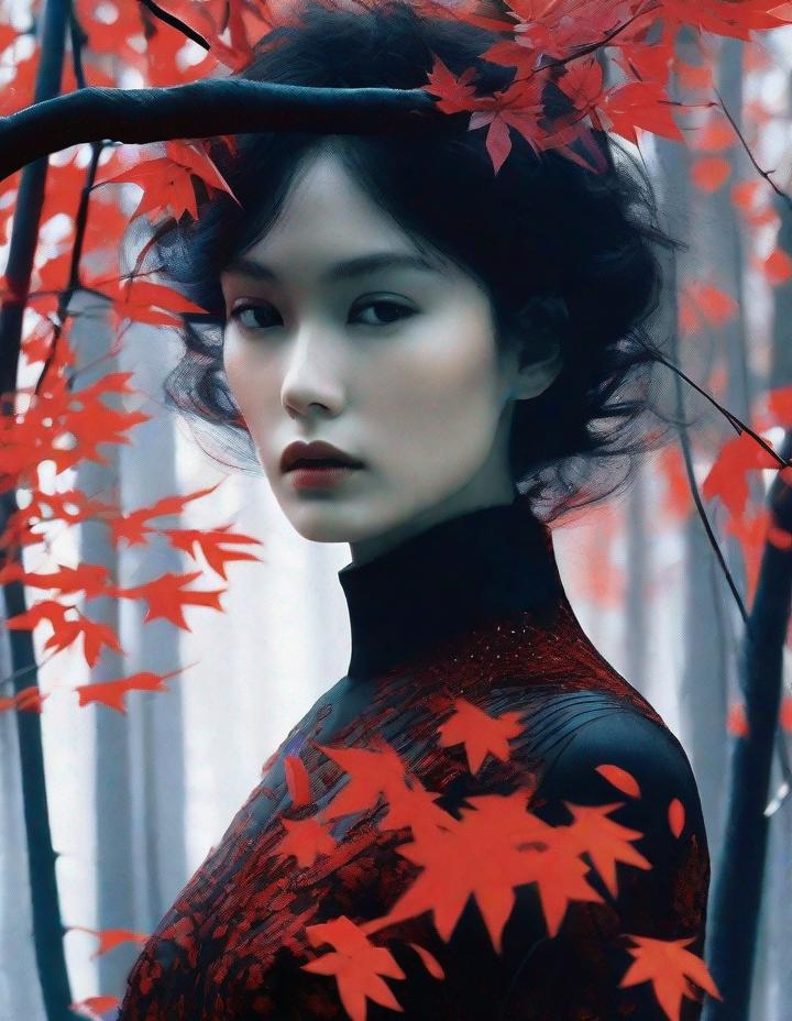 Prompt: A beautiful young lady, beautiful face, wearing opalescent black dress in a ghostly forest of white stem trees with red leaves, god rays through the tees, rim lighting, art by Mario Sorrenti, Masaaki Sasamoto,  Yves Saint-Laurent, Paolo Roversi, Thomas Edwin Mostyn, Hiro isono, James Wilson Morrice, Axel Scheffler, Gerhard Richter, pol Ledent, Robert Ryman. Guache Impasto and volumetric lighting. Mixed media, elegant, intricate, beautiful, award winning, fantastic view, 4K 3D, high definition, hdr, focused, iridescent watercolor and ink