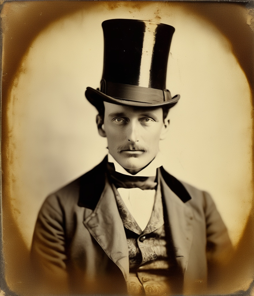 Prompt: ferrotype portrait of a Victorian gentleman wearing a top hat and a monocle, vintage sepia tones, detailed textures 