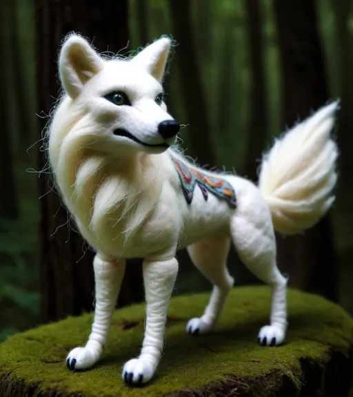 Prompt: untopian alien contrail fauna and flora, needle felted white fighting Wolf,surreal shading