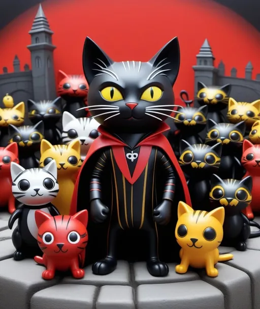 Prompt: creepy cape town, ungrateful little swine, fierce little black fang goth cat vampire in red, black and gold striped world, surrounded by his splendid monster friends, concept 3d NeRF putty characters by Tim Burton, Banksy 