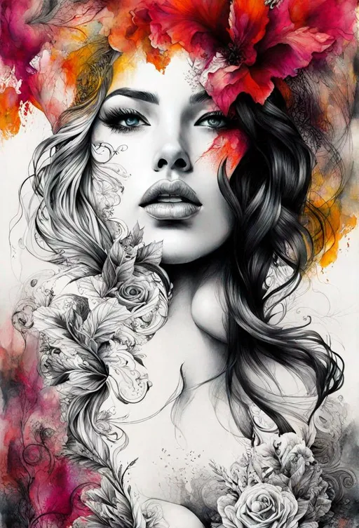 Prompt: Dazzling Female beauty Art by Gabriel Moreno, through graphic and elegant image, lines that show beauty and hide fragility, fear, ephemeron, sensuality, and tattoo lines, coursing through the skin of the figure and revealing what its beauty hides. Mixed media, Highly detailed, intricate, beautiful, high definition, fantastic view. 3d, Watercolors and Ink, intricate details, volumetric lighting