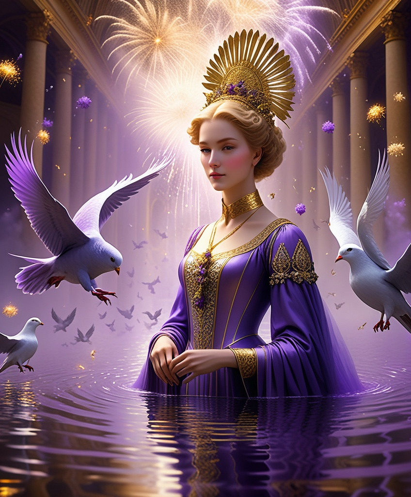 Prompt: The beautiful lady, She is underwater, flood water in Versailles, cat among pigeons, fireworks ethereal fashion holy ark of covenant discovery, gold gilded details I feel the lavender haze creepin' up on me , shimmering, photography by annie leibovitz, Ori Gherst,Animorphia - Kerby Rosanes, James christensen , 16K HD, sharp focus, attention to details 