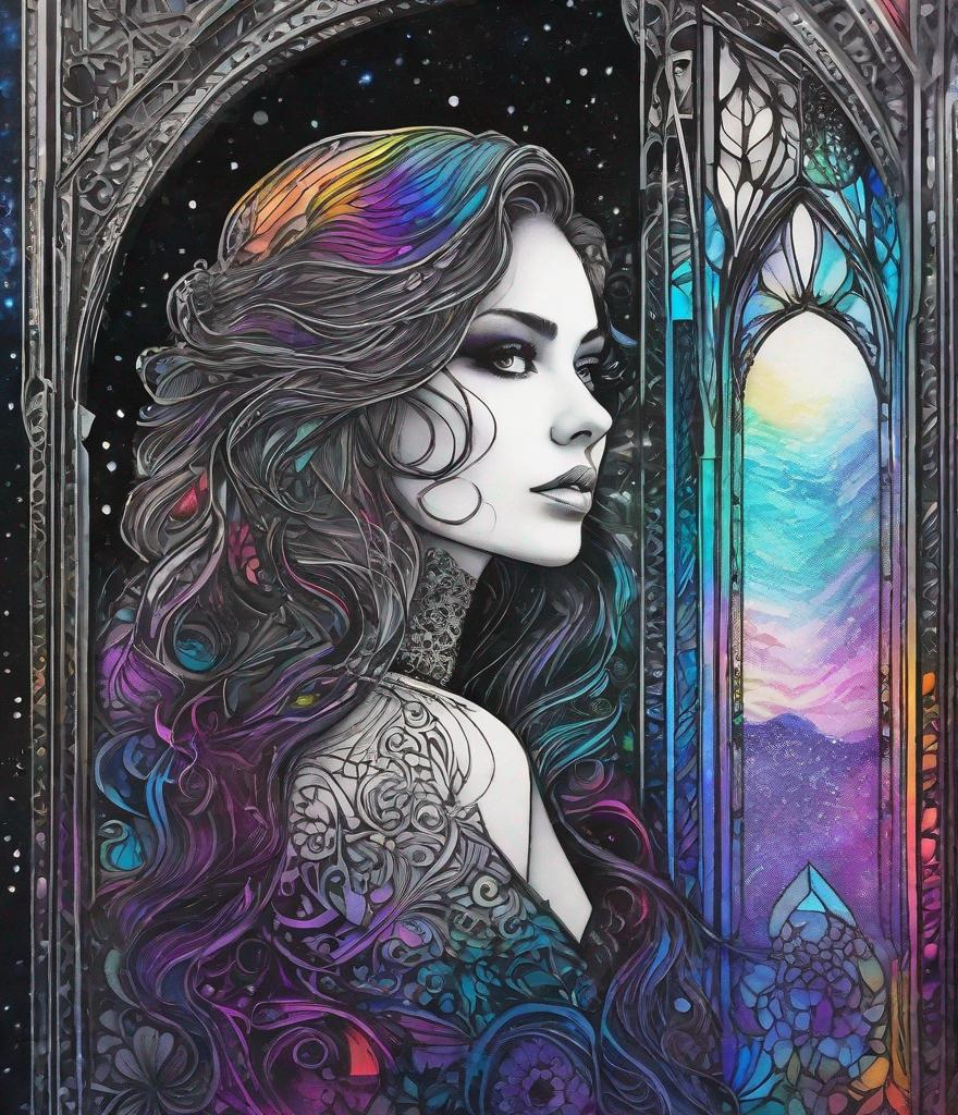 Prompt: a zentangle ferrotype portrait of In a gothic galaxy castle a vampire gazes through a window at the ethereal magic layers swirling in the vivid rainbow solar night in the style of Melanie Delon,  Victoria Francés, Rebeca Saray, Lin Fengmian, Anna dittmann, Justin Gaffrey, Michael Creese