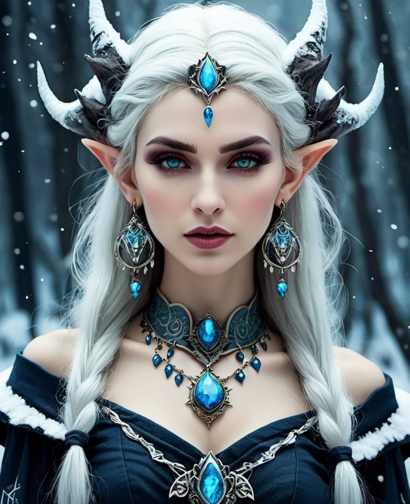 Prompt: a divine godess elf necromancer from the void, jewelry, earrings, evil, with a horde of zombies in tundra, haze, snow storm style by van Gogh 