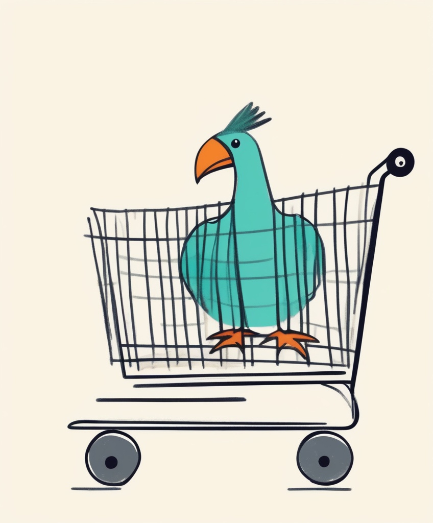 Prompt: a silly childish drawing of a bird with such a big head and overbite beak that it has to push its own head around in a trolley just to maintain the weight, art print at garage sale 