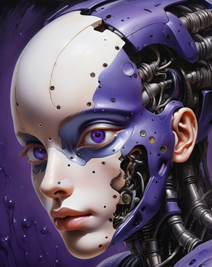 Prompt: Synthetic robot achieving organic emergence, skin colored blurple, abstract, oil on canvas, realism in paint