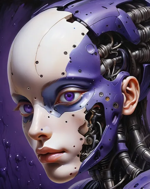 Prompt: Synthetic robot achieving organic emergence, skin colored blurple, abstract, oil on canvas, realism in paint