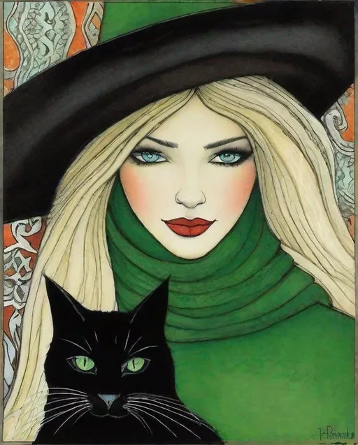 Prompt: A lovely witch with pretty face and beautiful green eyes and her black cat art by Angela Barrett,  Sam Toft, Deborah Azzopardi, Marc Allante, Axel Scheffler, Charles Robinson, pol Ledent, endre penovac, Gustave Loiseau. inlay, watercolors and ink, beautiful, fantastic view, extremely detailed, intricate, best quality, highest definition, rich colours. intricate beautiful, award winning fantastic view ultra detailed, 3D high definition