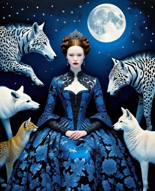 Prompt: She is a mysterious Lady of the moonlight night surrounded by animals style of Erik Madigan Heck, Nicholas Hughes, Nicholas Hilliard, Daarken. 3/4 body portrait, Cold Chrome colors tone, Extremely detailed, intricate, beautiful, 3d, high definition