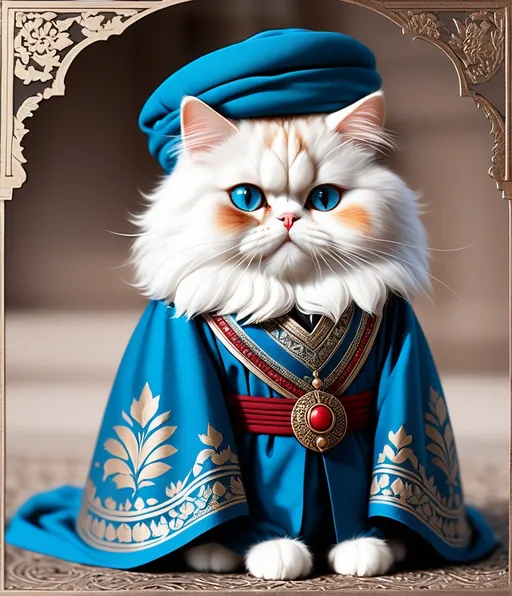 Prompt: Ferrotype photo of anthropomorphic red-point white persian cat with blue eyes, traditional ancient Persian clothes, tiny turban, cute and kawaii, bronzepunk 