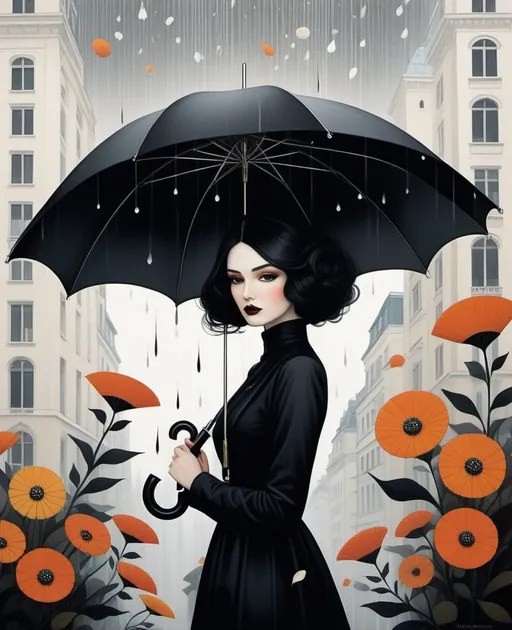 Prompt: illustration of a pretty young lady holding an umbrella, in the style of surrealist-inspired works, gothic neo-pop surrealism, Nancy Noel, Hayv Kahraman, Troy Brooks, Ryo Takemasa, Lotta Jansdotter, intricate colorful flowers in a. vienna secession off white and black, raining day, metropolis tall buildings background, intricate flowers, jewelry by painters and sculptors, elegant, emotives faces, goth fashion, subtle playfulness