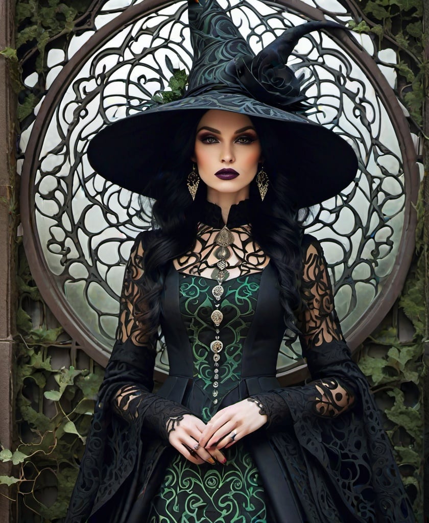 Prompt: a witch with a molten filigree roots moire pattern,evil,demonic, witchcore,refreshing spring aesthetic, style by Faiza Maghni, George Petty, Helene Beland, Alisa Burke, Anne Redpath