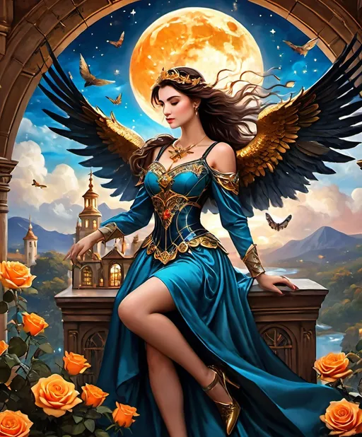 Prompt: Beautiful brunette gorgeous magical Valkyrie riding a winged Pegasus, rose gold dress, upswept hair, ancient village, open stained glass window, stars and moon, sunset, sacred curse, sunshine and clouds, blue and rose gold red and orange gown, peacocks, owls and clocks, shooting magic from her hands, clock towers and castles, fireflies and butterflies, sunshine and clouds, orange moon, river of glowing stars, Full body view, sunshine and clouds, roses, lilys, peacocks, sunflowers, vines, ivy, Gold dust, butterflies, and doves, ocean and gold cities, Gold statues, white fountains, skulls and vines and bones, a vintage renaissance oil on canvas, muted and moody.