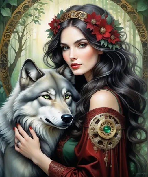 Prompt: Klimt, Jody Bergsma, Jeannette Guichard-Bunel: mystical portrait of a woman with pale skin and dark hair embracing a large, realistic grey wolf. The background is an abstract forest of rich, deep greens and reds, possibly suggesting a forest or floral scene. The woman's attire and the wolf are adorned with ornate, gold-tinged patterns and elements reminiscent of steampunk or mechanical design, with gears and cogs. The overall composition combines elements of nature with intricate, mechanical designs, invoking a sense of magical realism.