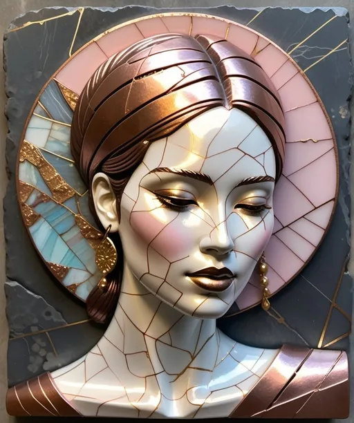 Prompt: a highly detailed abstract woman in light rose patina metal with beautiful Pearlescent colors, elements of kintsugi, the background is opalescent stone textured and there's a small  glow on top of it, there are some peeling texture in metal that have been filled with acrylic paint, the bottom half has golden streaks of light shining through from behind