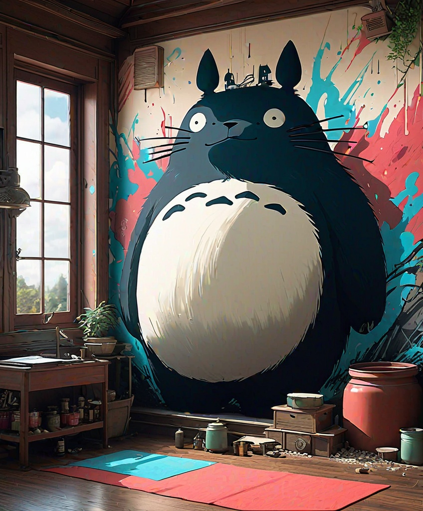 Prompt: studio ghili scene of graffiti in house spirited away combined with totoro 