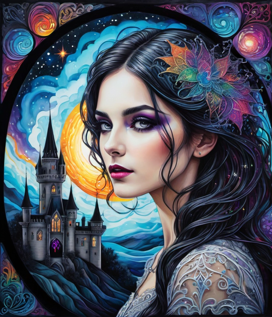 Prompt: a zentangle ferrotype portrait of In a gothic galaxy castle a vampire gazes through a window at the ethereal magic layers swirling in the vivid rainbow solar night in the style of Melanie Delon,  Victoria Francés, Rebeca Saray, Lin Fengmian, Anna dittmann, Justin Gaffrey, Michael Creese