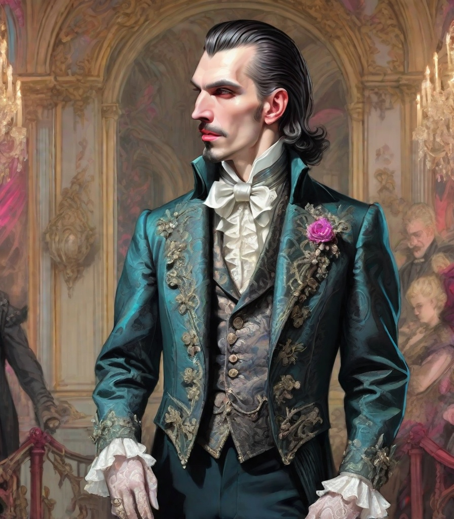Prompt: count dracula fancy ornated on neon victorian age, medieval grunge, victorianpunk, fashion design sketch, met gala event, royal gala, rococo, baroque, hyper realistic, insanely detailed and intricate, hyper maximalist, elegant, super detailed, dynamic pose